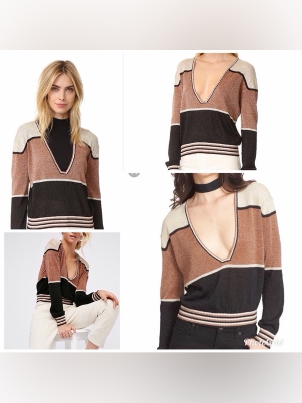 Free People Gold Dust Metallic Striped Plunging V-Neck Sweater Linen Blend M